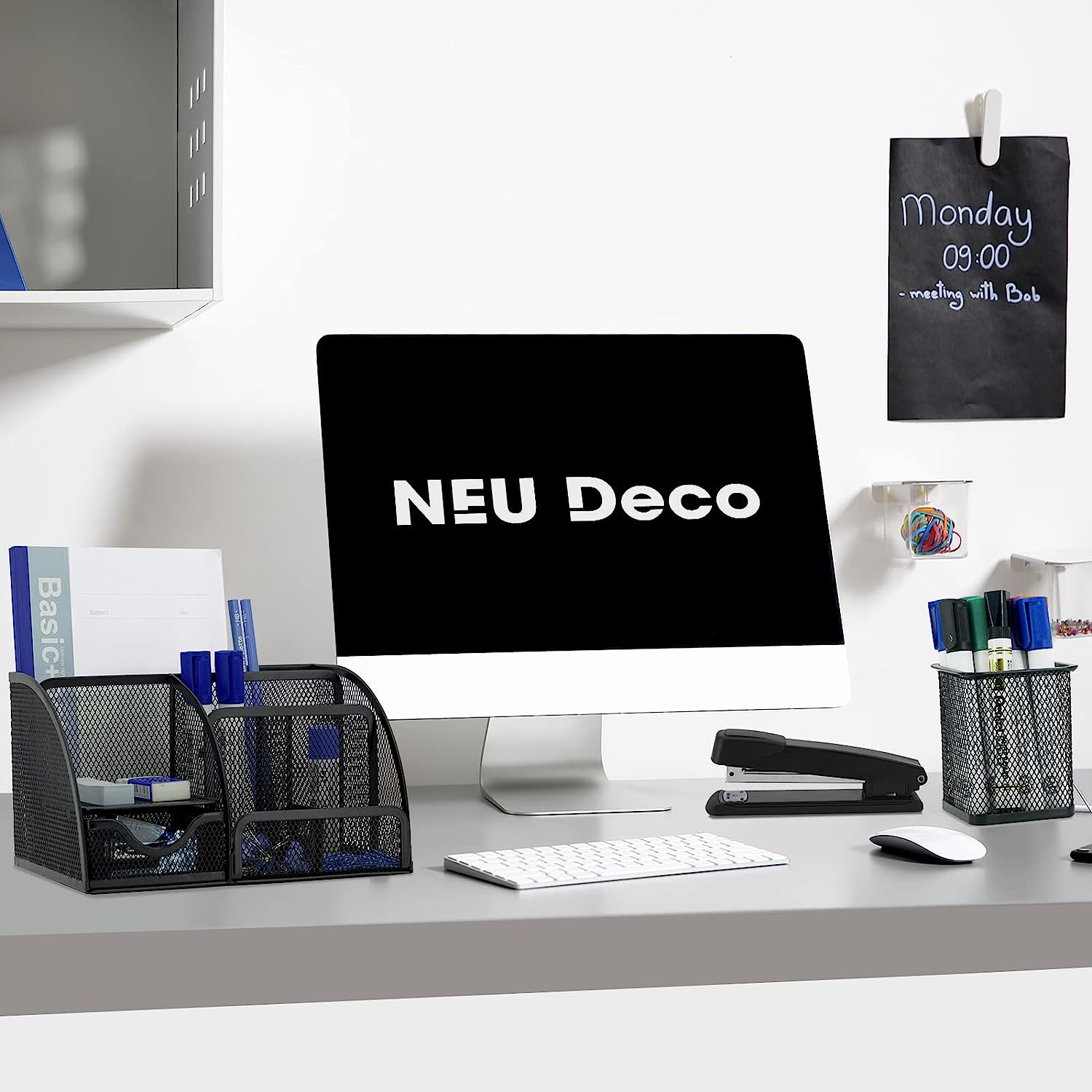 Neudeco Desk Organizers and Accessories, Office Supplies Mesh Desk Organizer Caddy with Drawer 6 Compartments + Pen Holder / 72 Paper Clips Binder Clips Set, Black Desktop Organizer for Home Office - Image 6